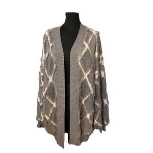 BiBi Fringe Knitted Open Front Cardigan Beige Gray Large Diamond